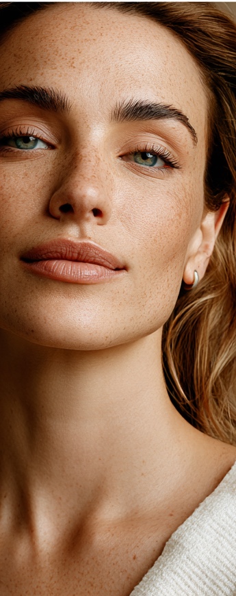 Mulher de pele real em luz natural, identidade visual Verity